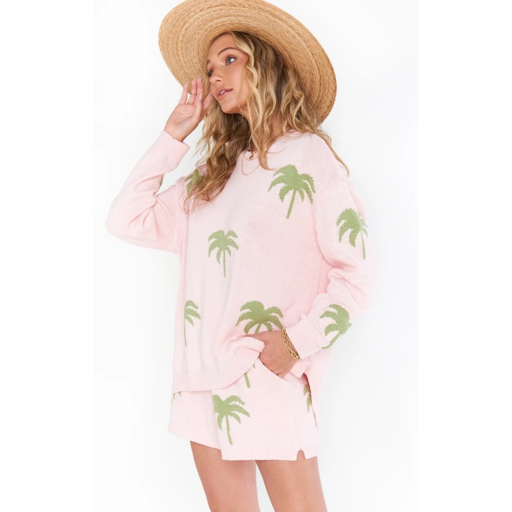 Show Me Your Mumu Go To Sweater Womens Medium Pink Palm Tree Knit Pullover